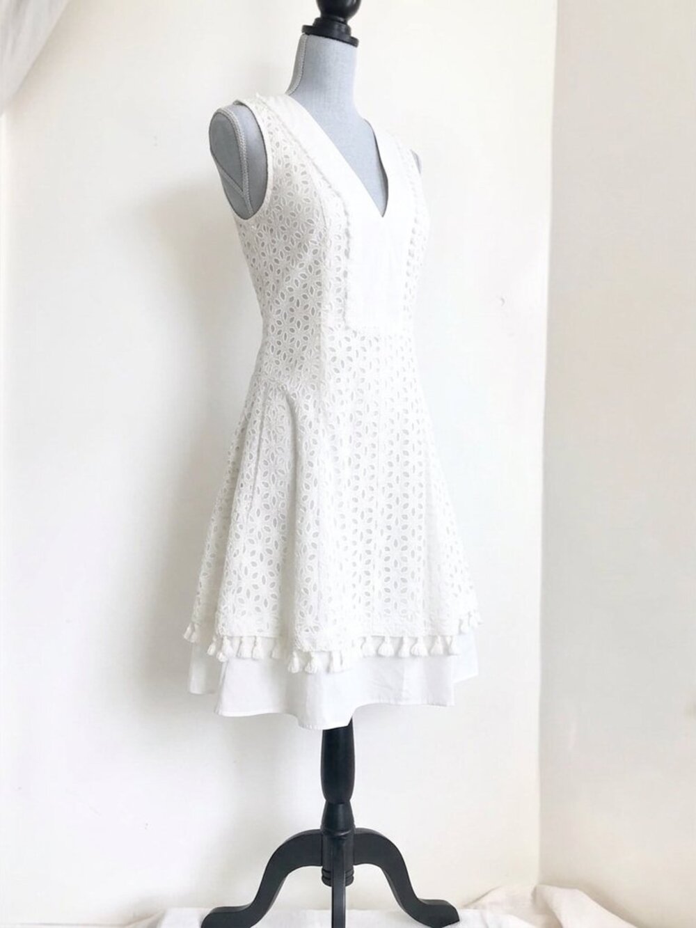 Derek Lam 10 Crosby Overlay Eyelet Embroidery White Mini A-line Dress Tassels 4